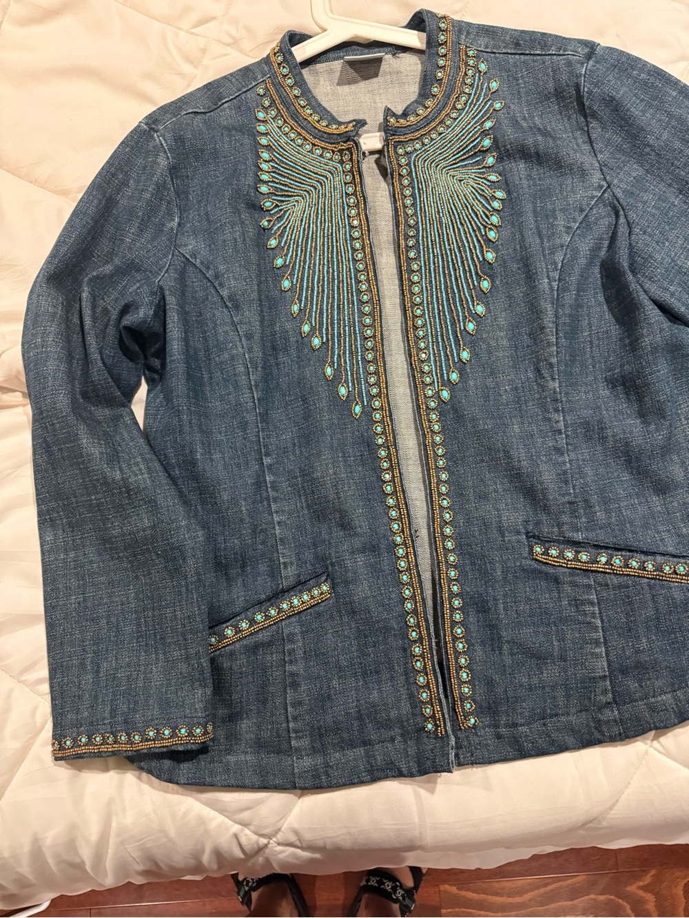 Chico's Blue Denim Jacket with Turquoise Embellishment - Picture 3 of 7